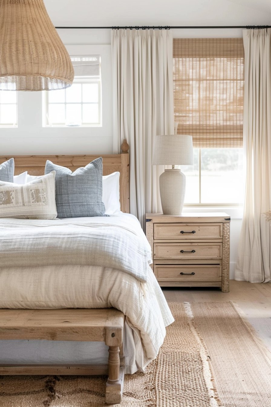 modern organic style bedroom with wooden nightstands and linen bedding.
