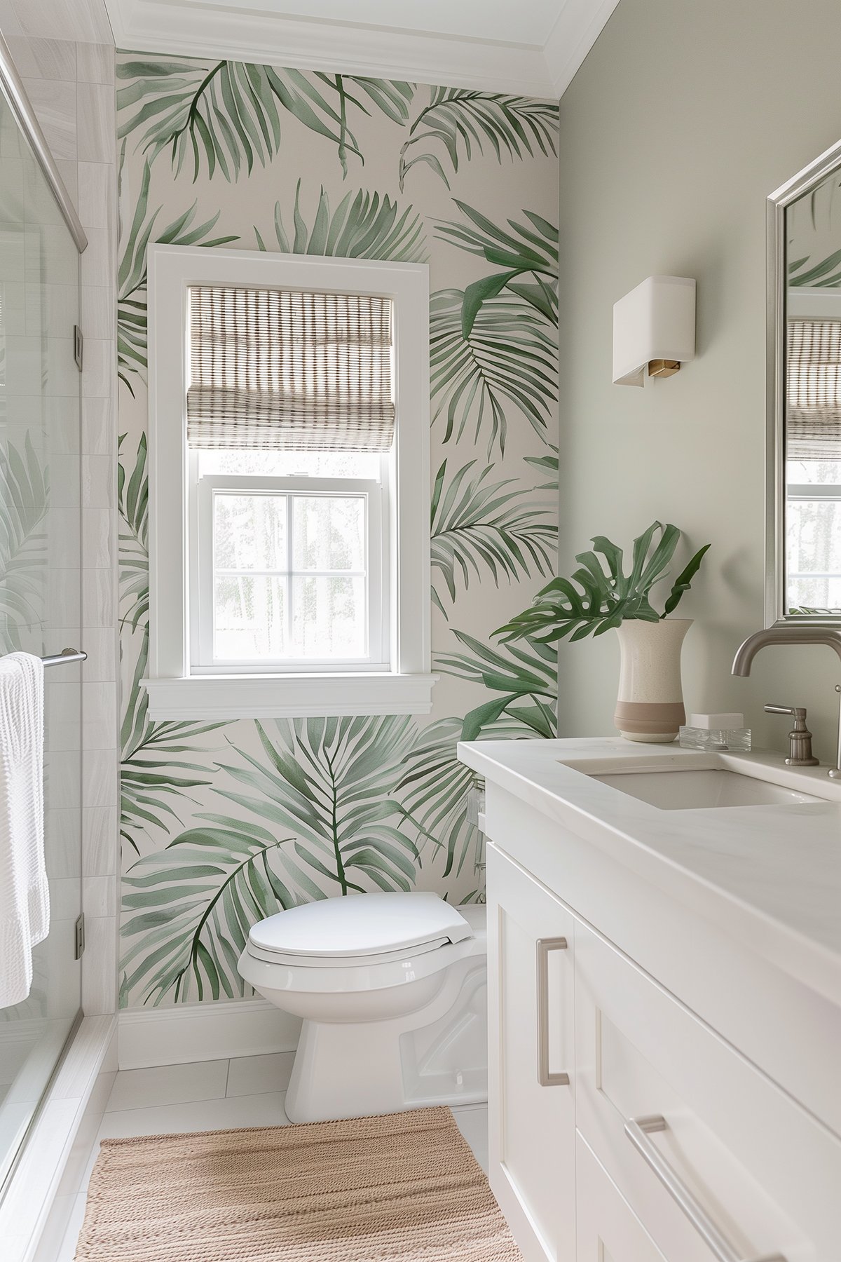 small bathroom with palm print wallpaper and a white vanity.