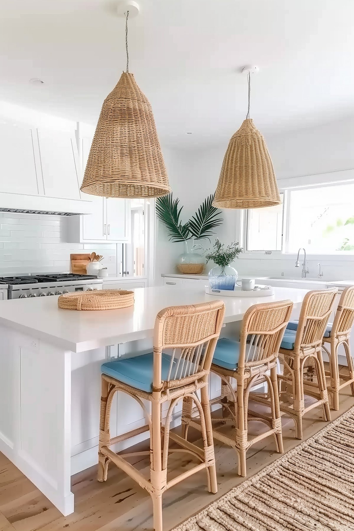 coastal-style kitchen with rattan barstools and pendant lights.