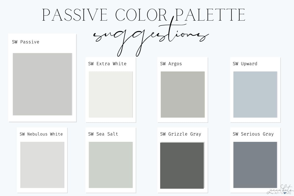 Coordinating color palette for Sherwin Williams Passive with extra white, argos, upward, nebulous white, sea salt, grizzle gray and serious gray.