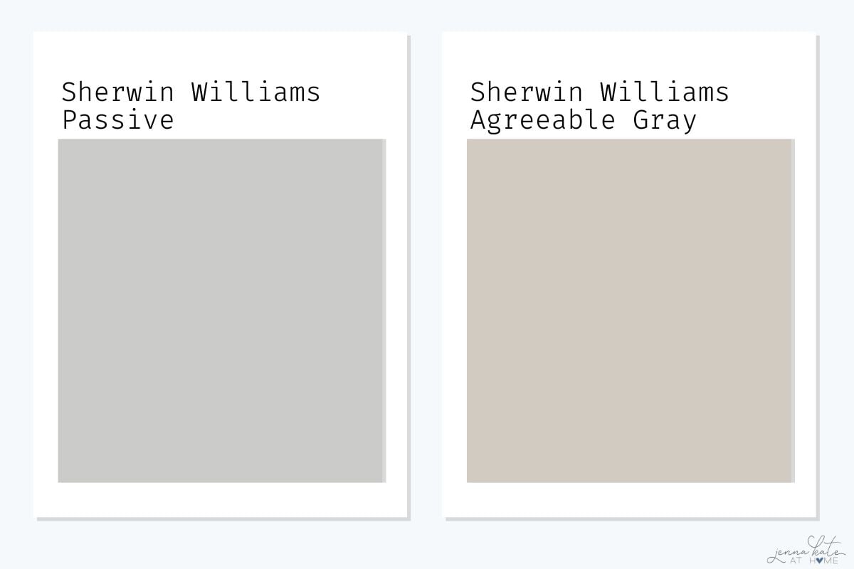 side by side swatches of sherwin williams passive and agreeable gray.