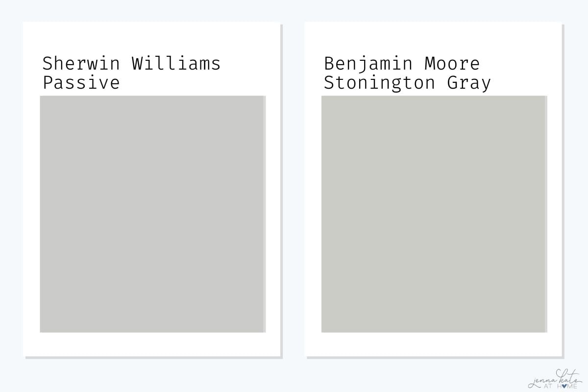 side by side swatches of sherwin williams passive and benjamin moore stonington gray.