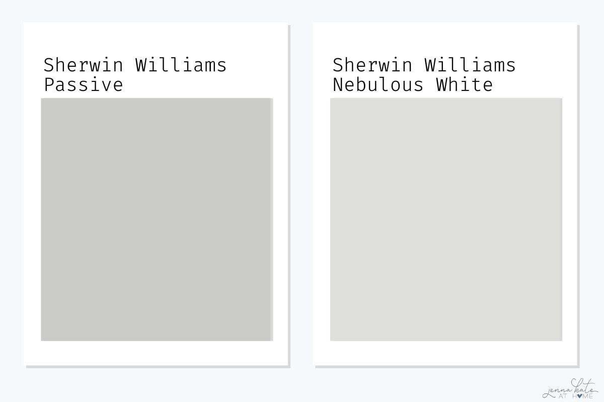 side by side swatches of sherwin williams passive and nebulous white.
