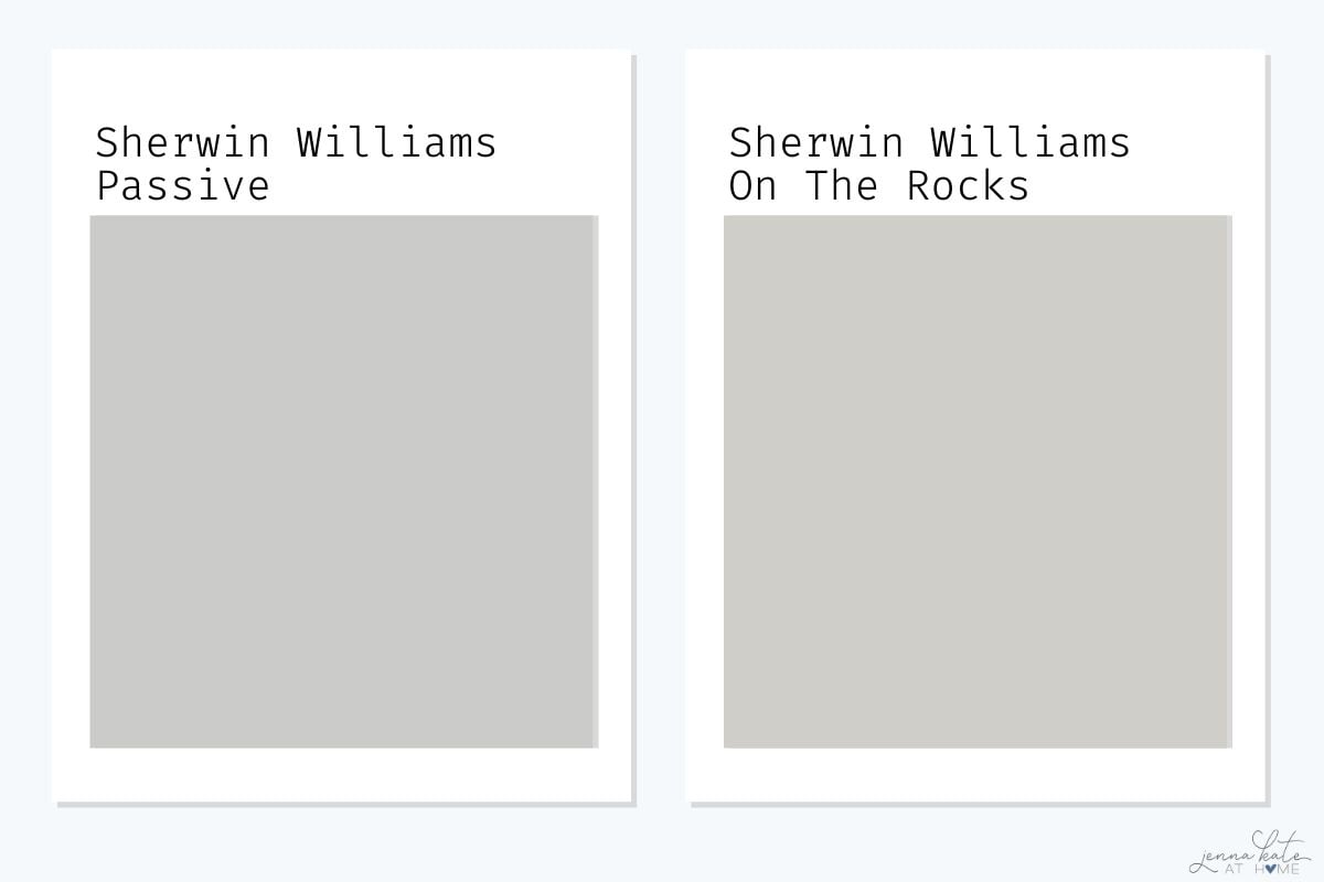 side by side swatches of sherwin williams passive and on the rocks.
