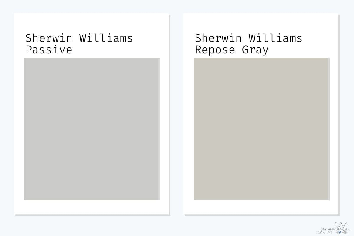 side by side swatches of sherwin williams passive and repose gray.