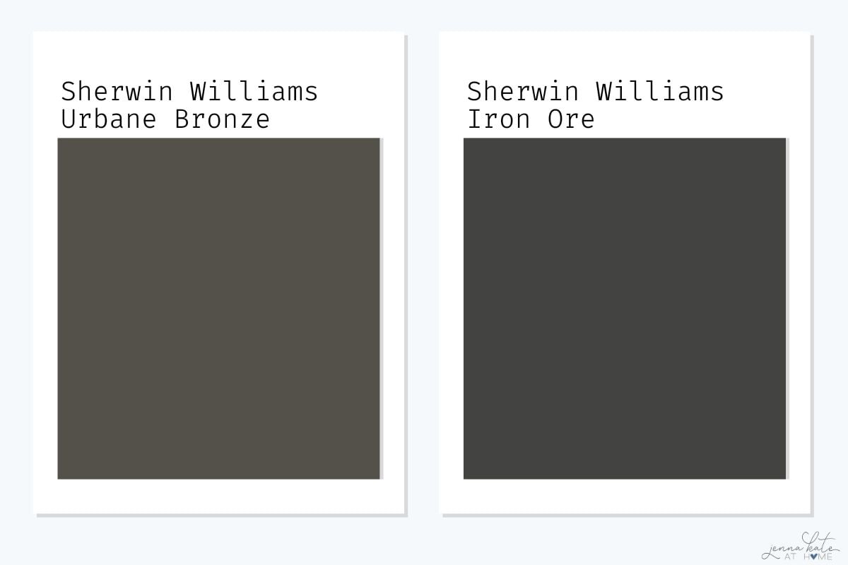 Side-by-side paint swatch comparison of Sherwin Williams Urbane Bronze and Iron Ore showing the warmer brown tones in Urbane Bronze and the deeper, cooler black in Iron Ore.