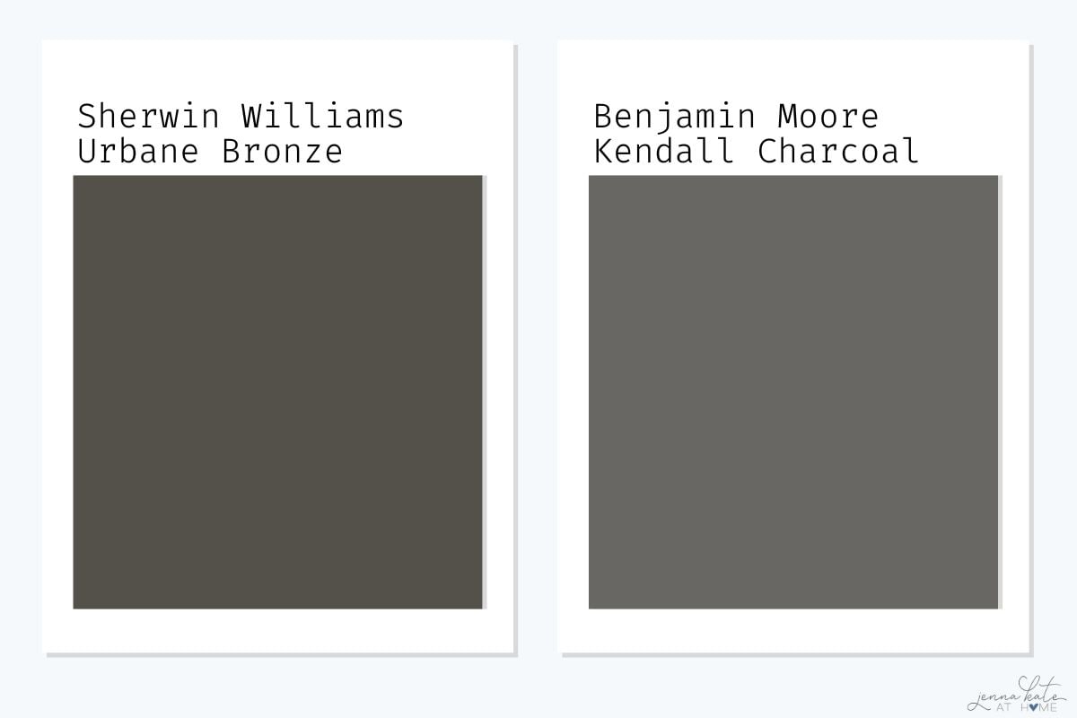Side-by-side swatches of Urbane Bronze by Sherwin Williams and Kendall Charcoal by Benjamin Moore, showing Kendall’s more neutral gray vs Urbane Bronze’s brown undertones.