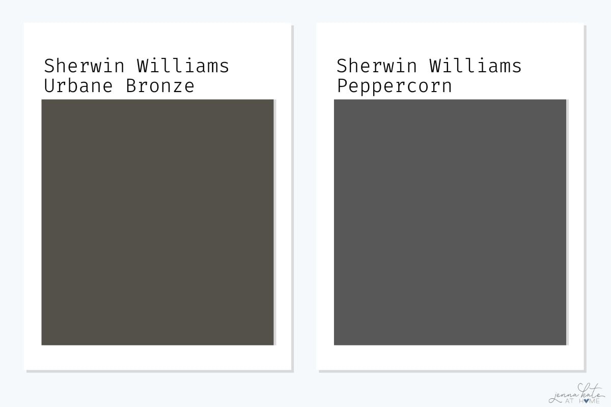 Comparison of Sherwin Williams Urbane Bronze and Peppercorn paint swatches, highlighting Urbane Bronze’s warm brown base and Peppercorn’s cooler gray tone.