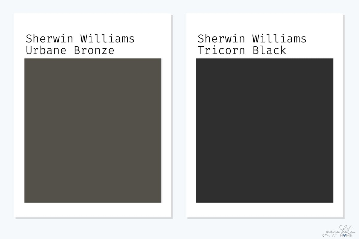 Paint swatch comparison of Urbane Bronze and Tricorn Black showing the softer, warmer tone of Urbane Bronze next to the deep, rich black of Tricorn Black.
