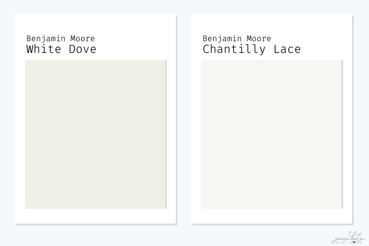 side by side comparison of Benjamin Moore White Dove and BM Chantilly Lace.