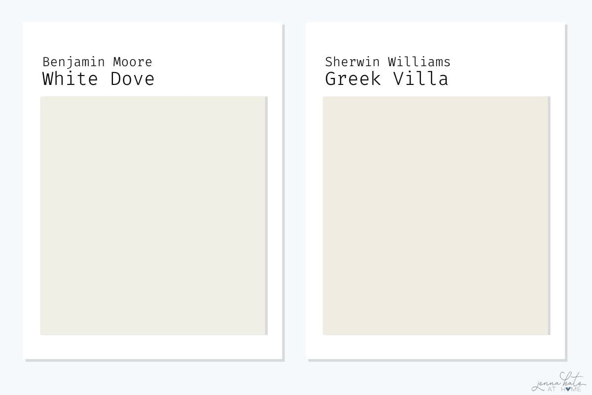side by side comparison of Benjamin Moore White Dove and SW Greek Villa.