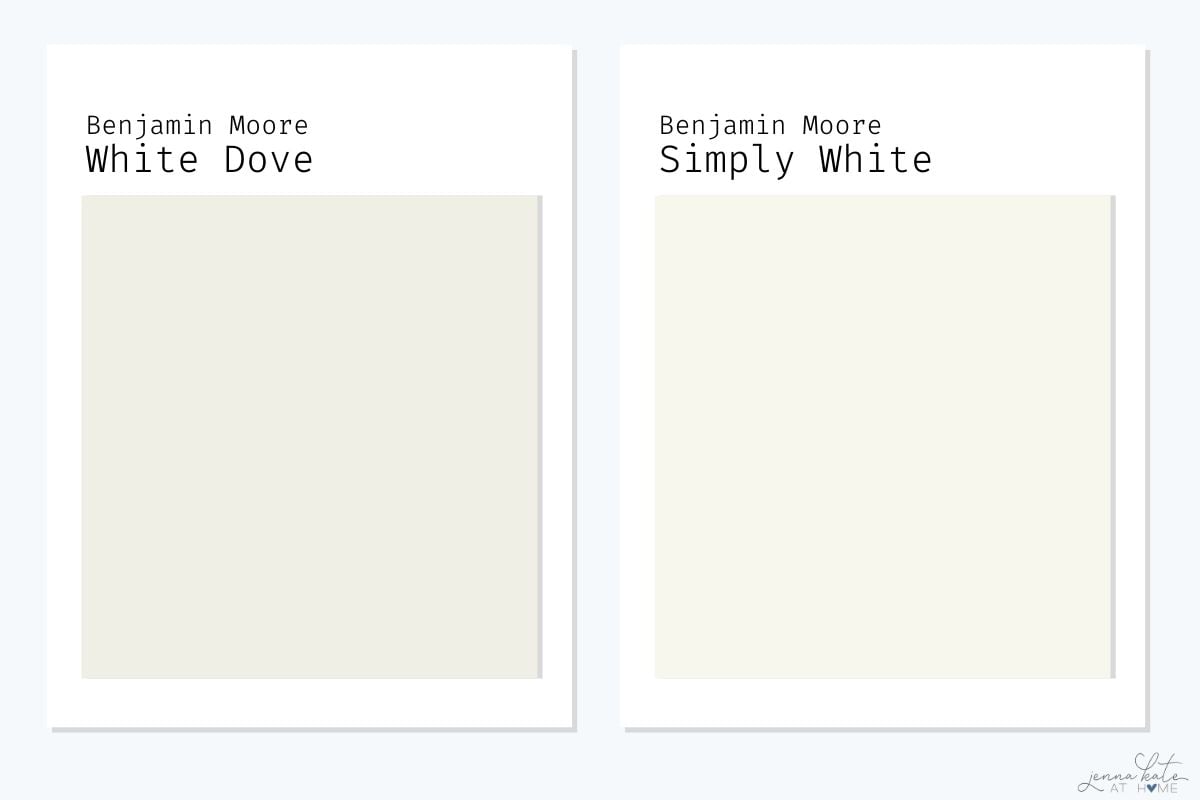 side by side comparison of Benjamin Moore White Dove and Benjamin Moore Simply White.