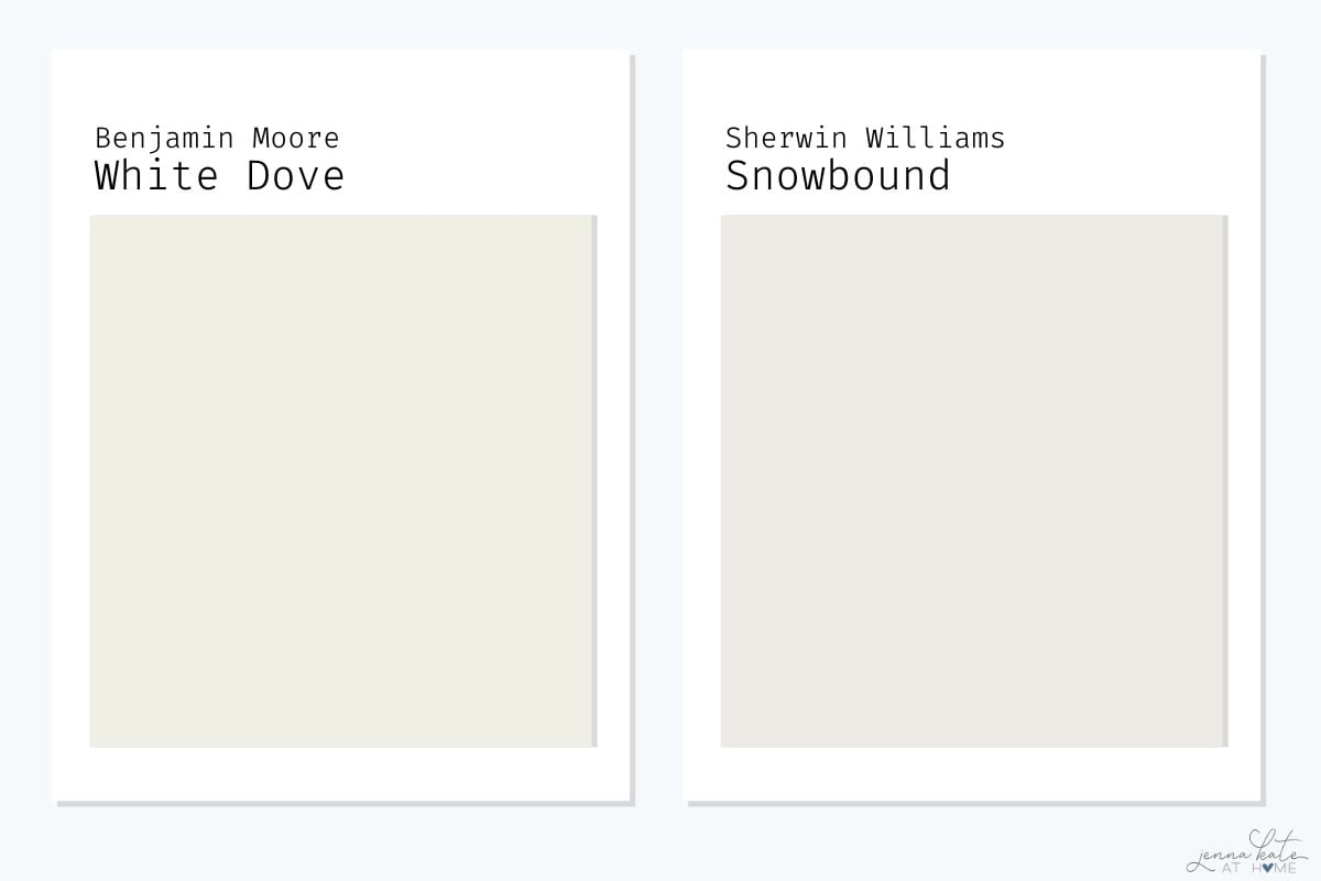 side by side comparison of Benjamin Moore White Dove and SW Snowbound.