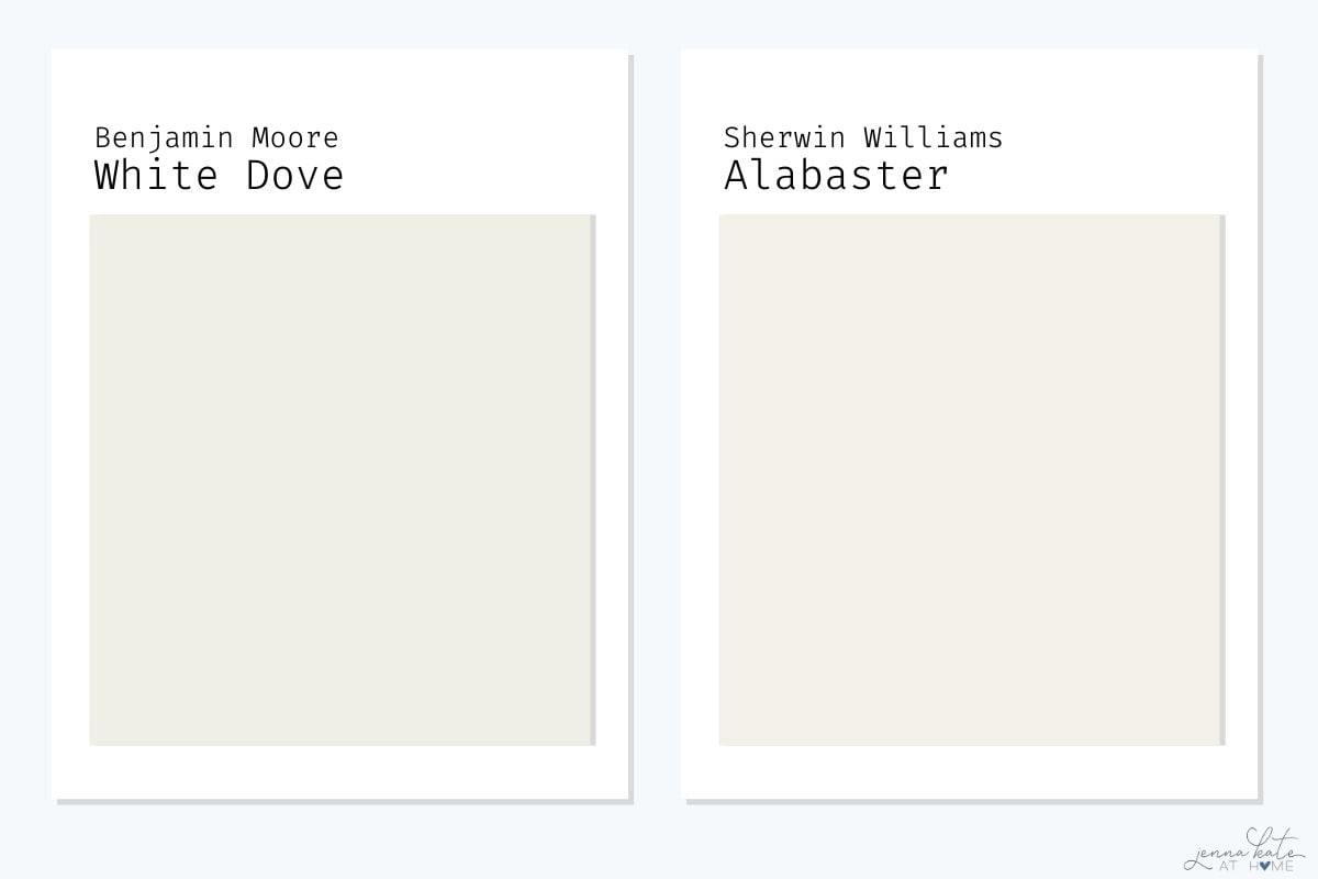 side by side comparison of Benjamin Moore White Dove and SW Alabaster.