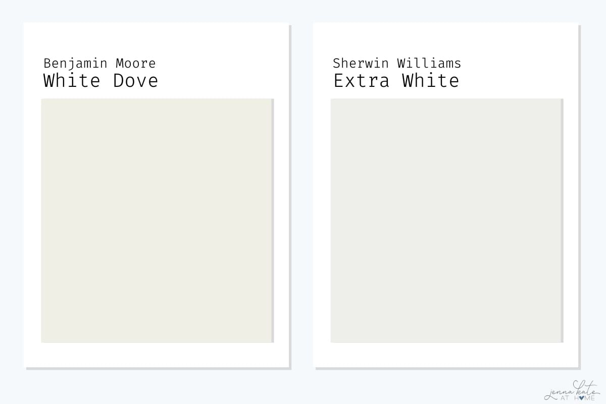 side by side comparison of Benjamin Moore White Dove and SW Extra White.