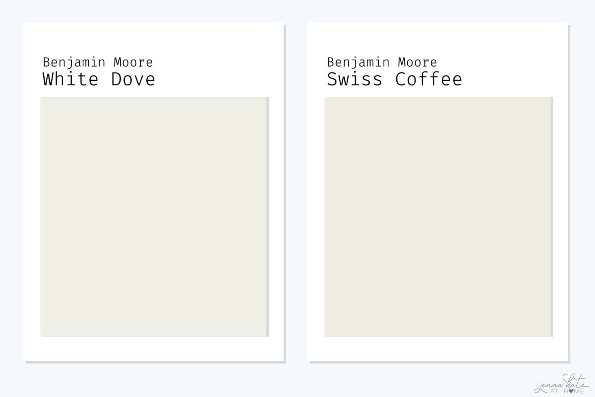 side by side comparison of Benjamin Moore White Dove and BM Swiss Coffee.