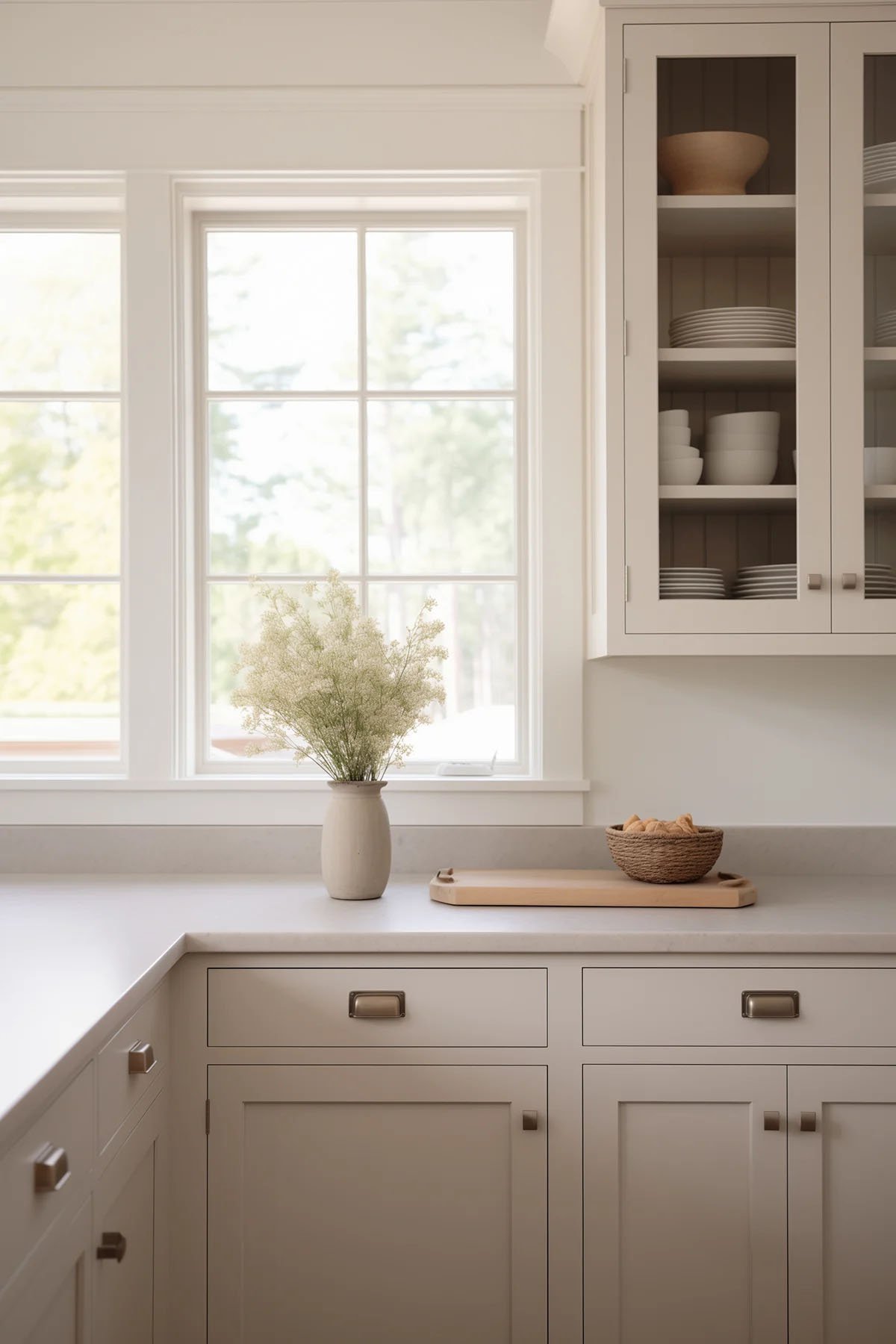 Benjamin Moore Edgecomb Grey cabinets with a warm white wall color and silver hardware. 