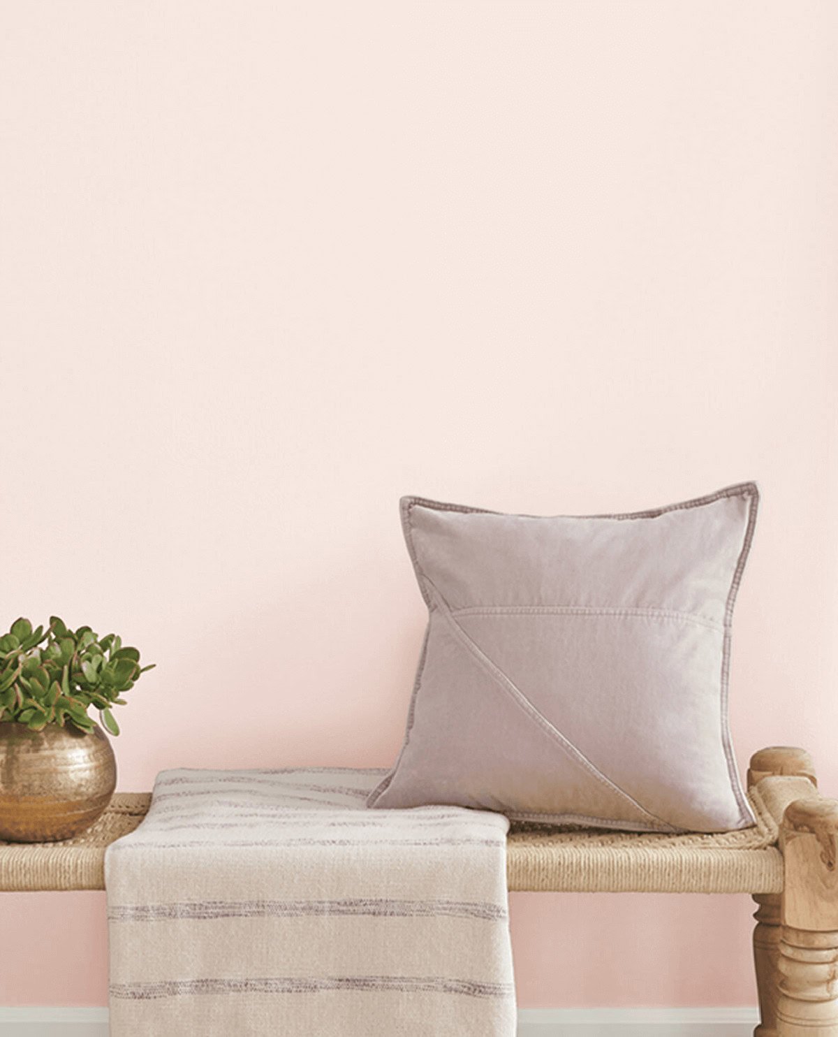 Sherwin Williams Cosmetic Blush paired with a wood bench and blush purple pillow.
