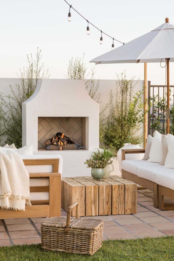 outdoor fireplace and seating area.