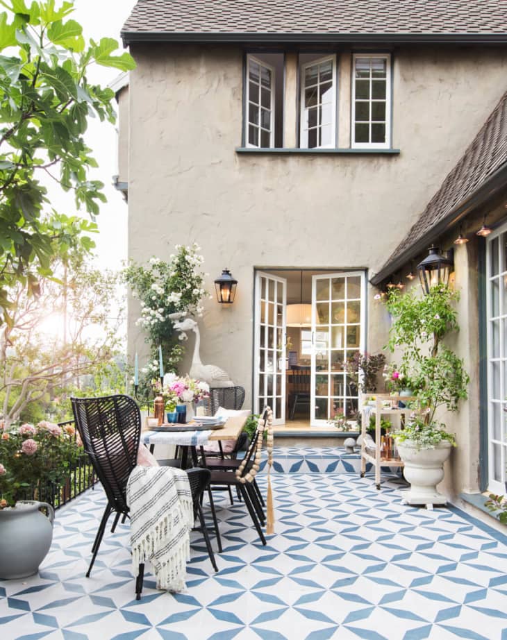 blue and white tiled patio floor.