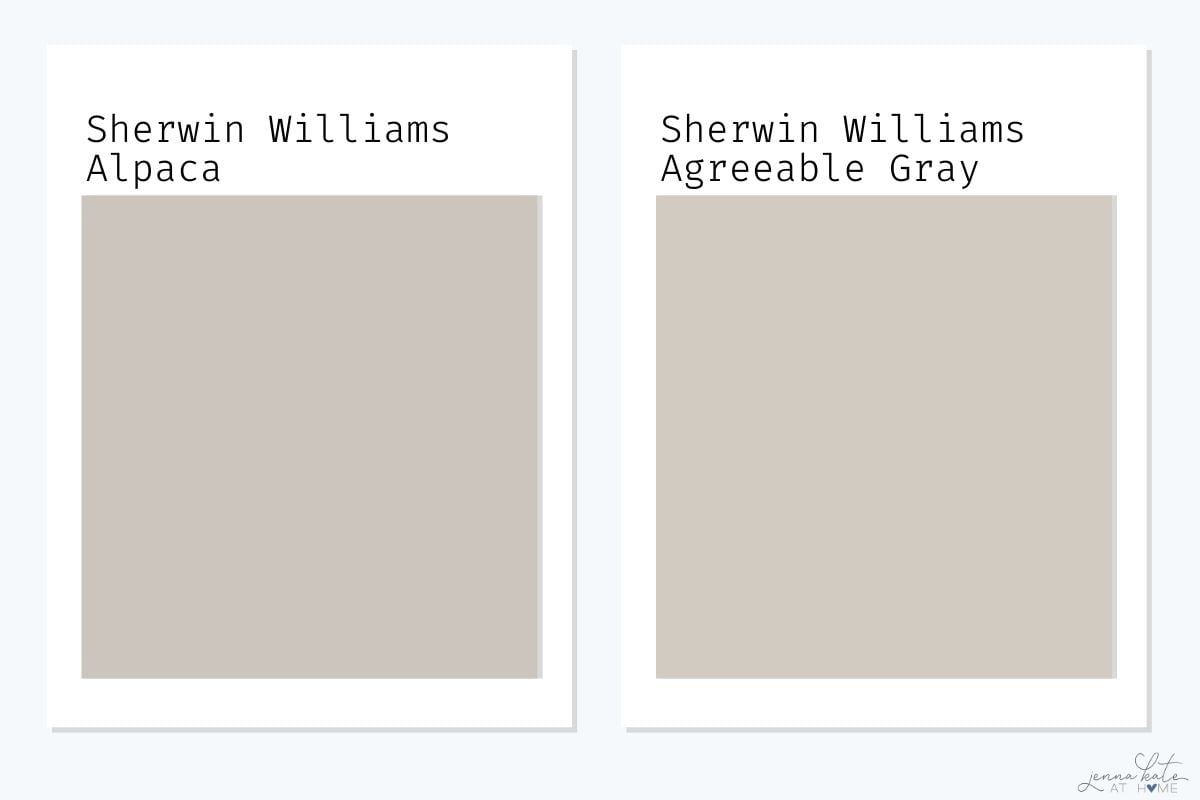 sherwin williams alpaca swatch side by side with agreeable gray.