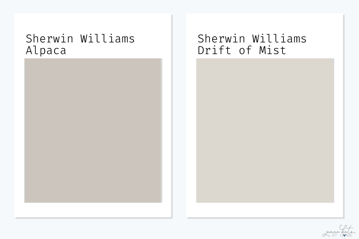 sherwin williams alpaca swatch side by side with drift of mist.