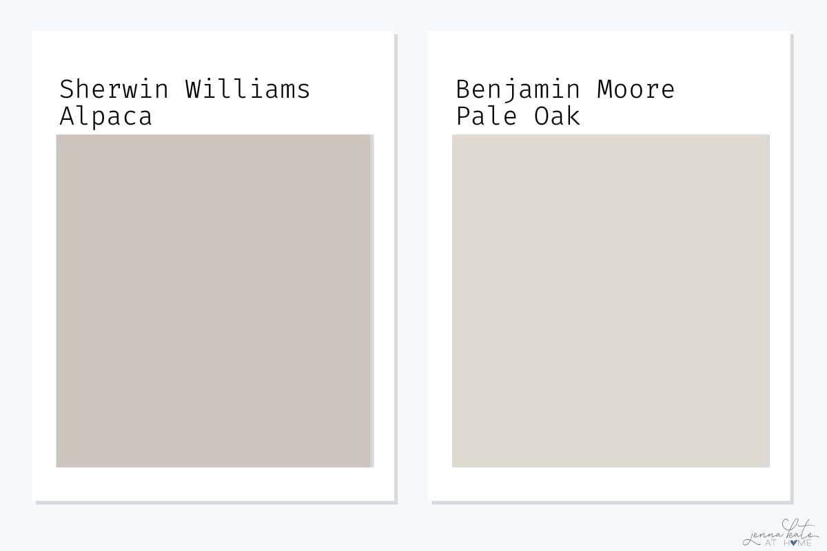 sherwin williams alpaca swatch side by side with benjamin moore pale oak.