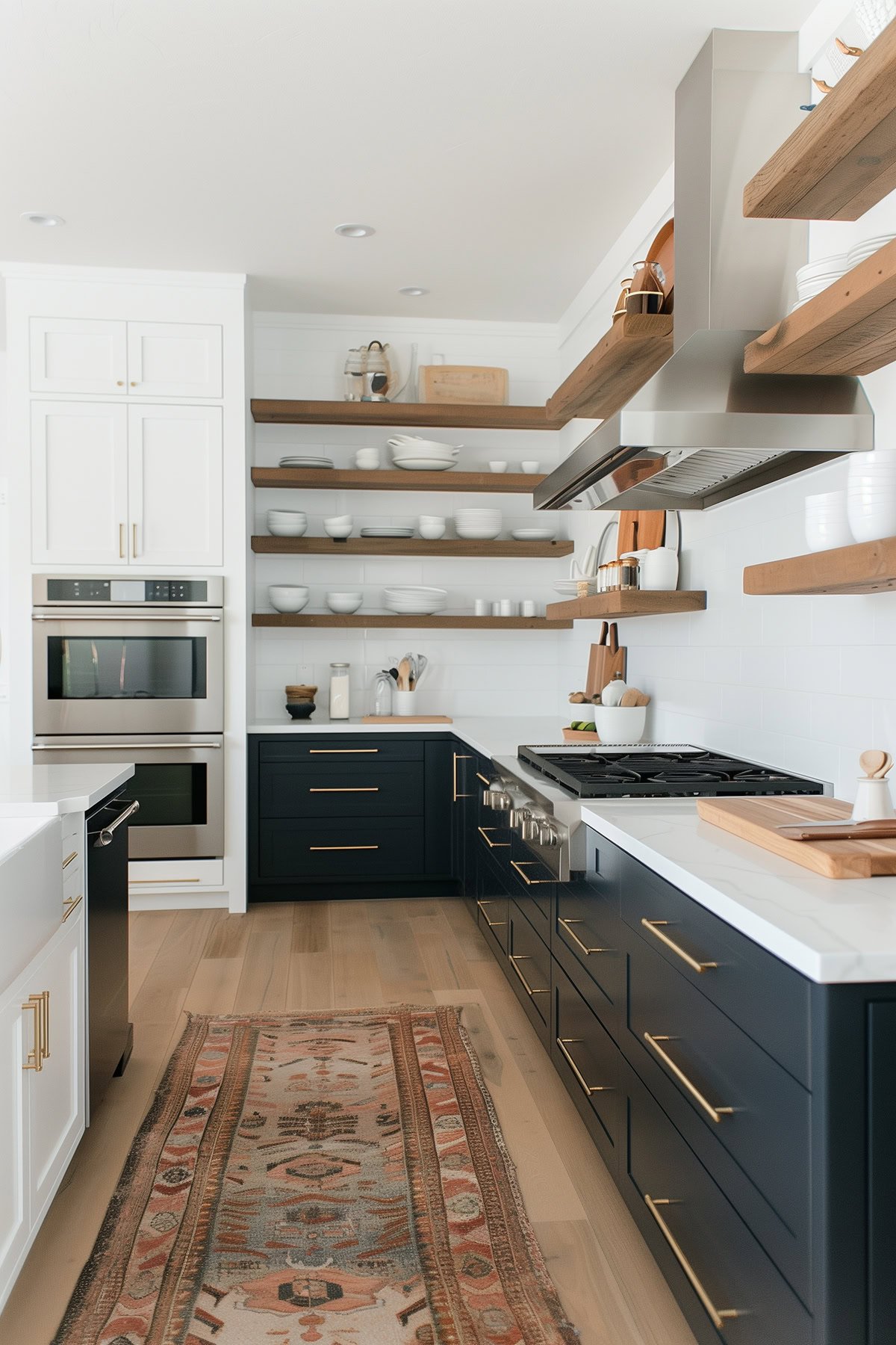 Black lower cabinets with natural wood floating shelves instead of upper cabinets.