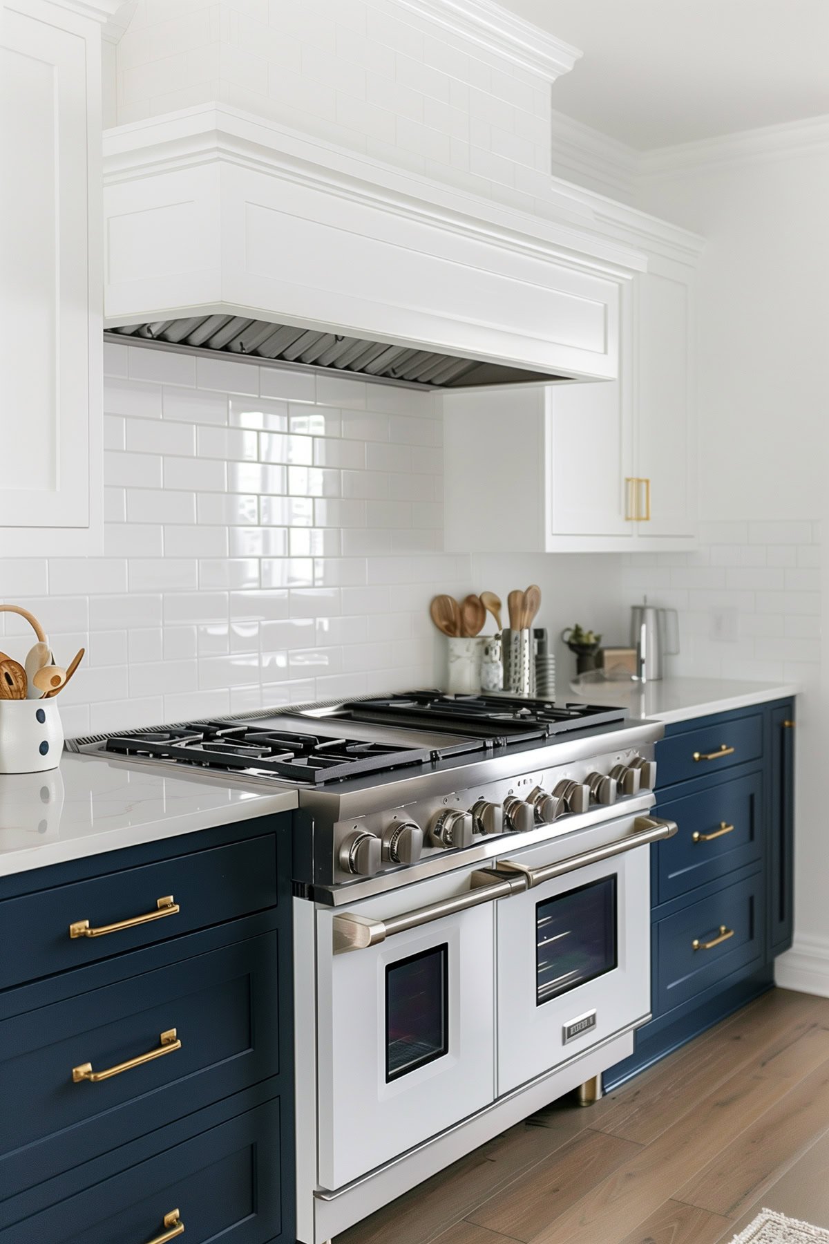 navy blue lower cabinets with brass hardware, a white range and white upper cabinets.