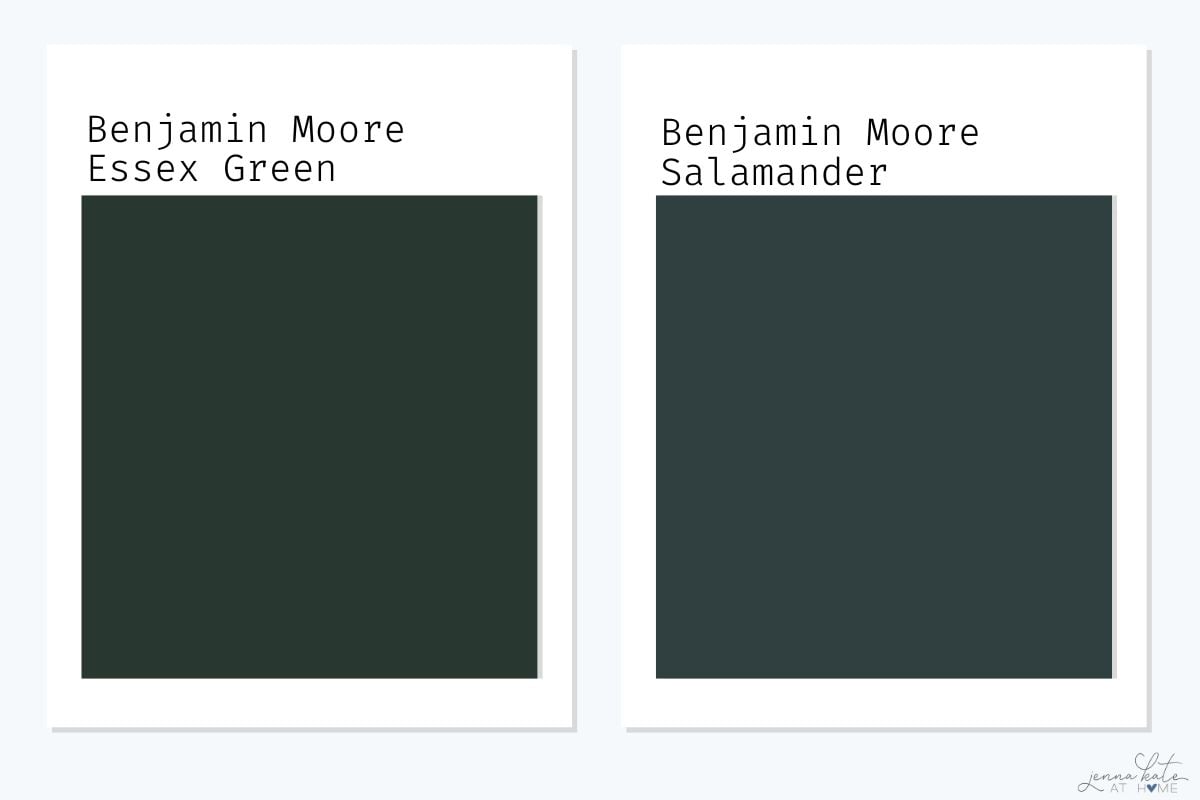 Benjamin Moore Essex Green swatch versus Salamander swatch.
