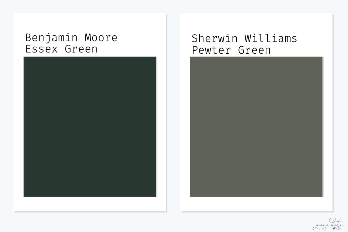 Benjamin Moore Essex Green swatch versus SW Pewter Green swatch.