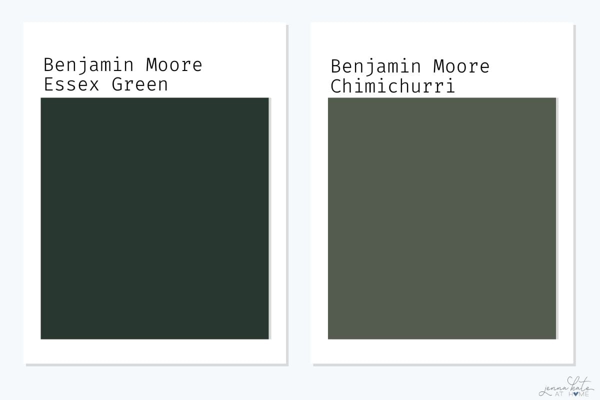 Benjamin Moore Essex Green swatch versus Chimichurri swatch.