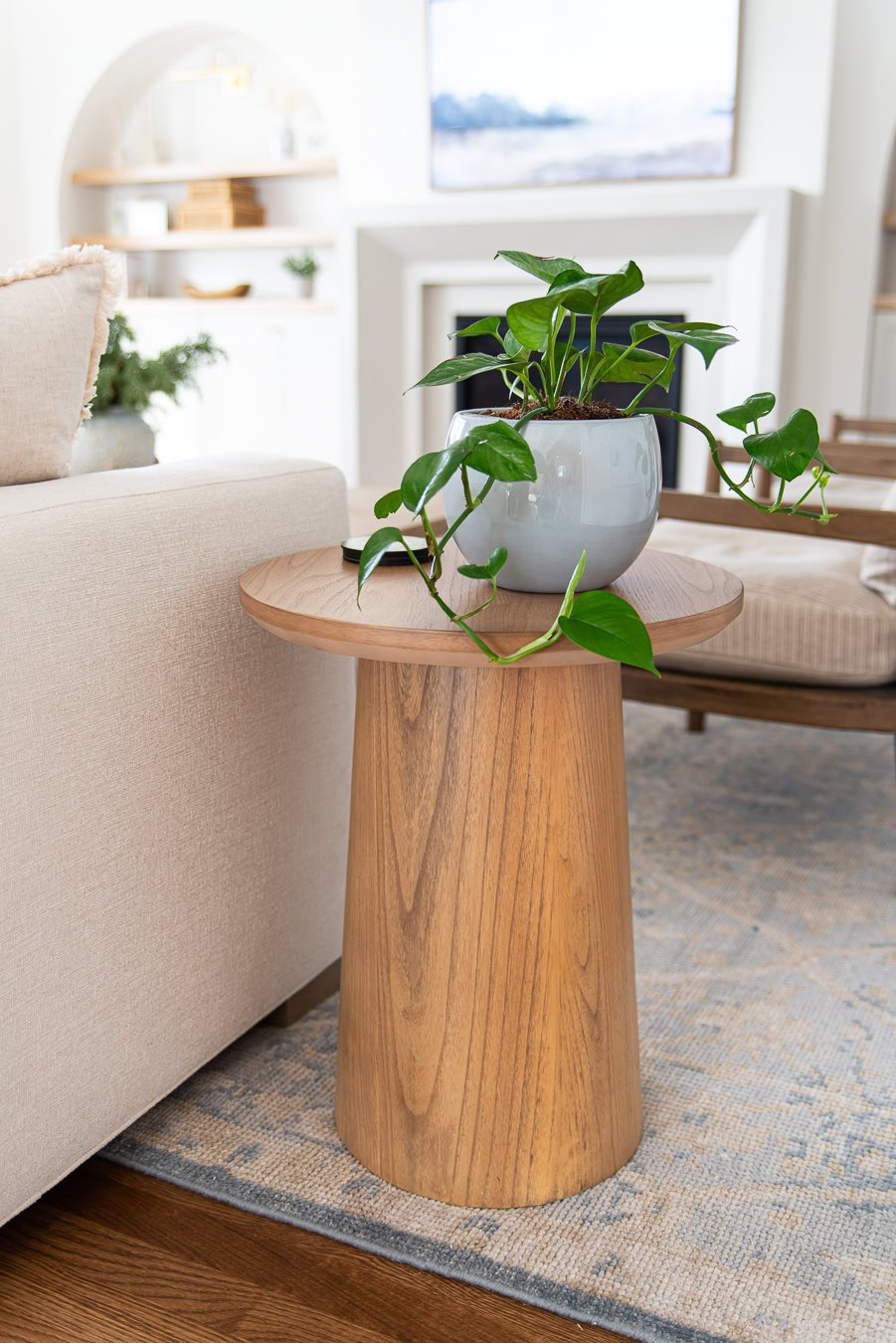 Target side table next to the couch with a plant trailing over the side.