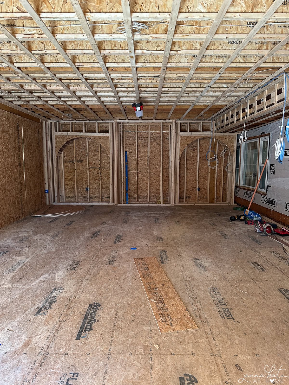 Family room during the framing phase of construction.