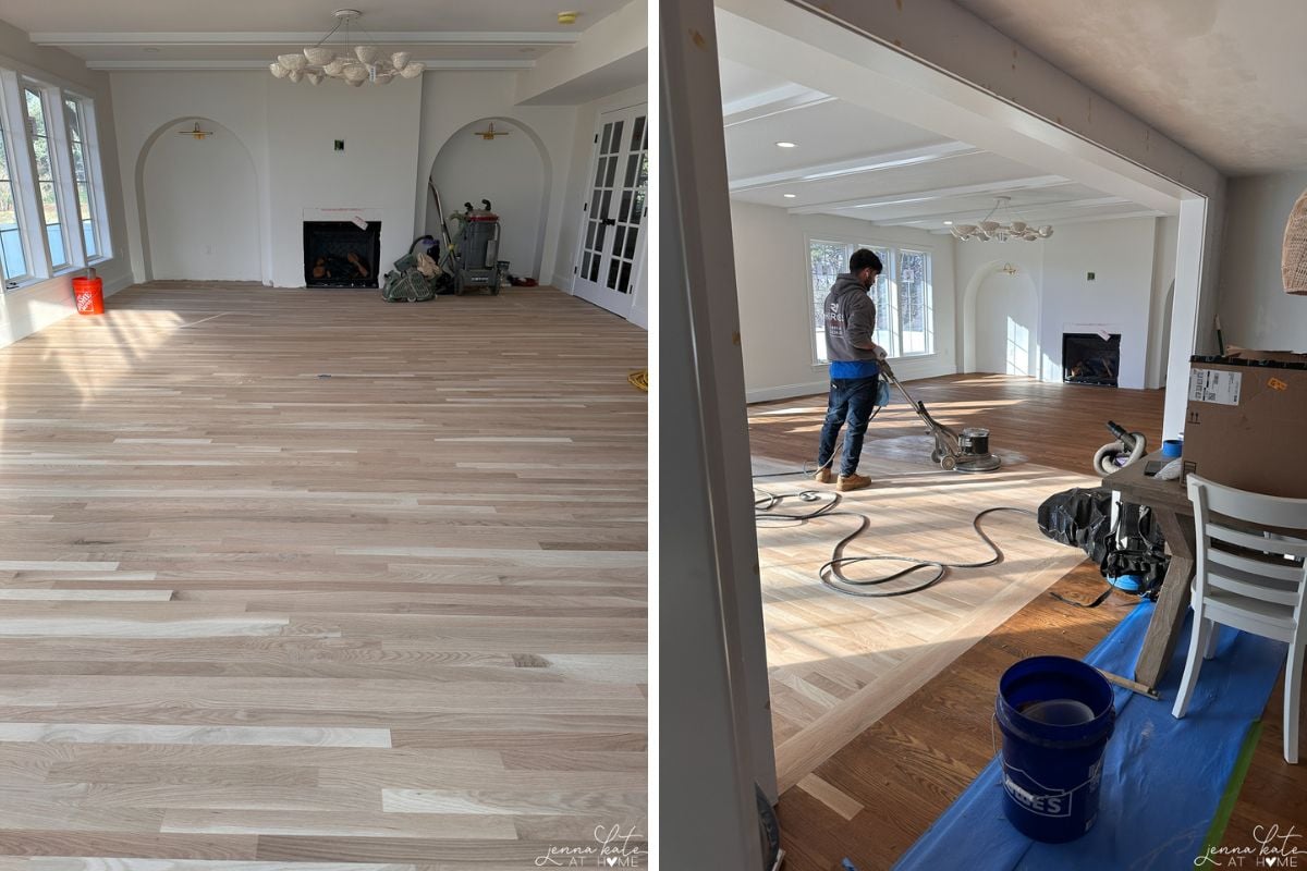 White oak floors in the family room and the process of staining them a medium brown.