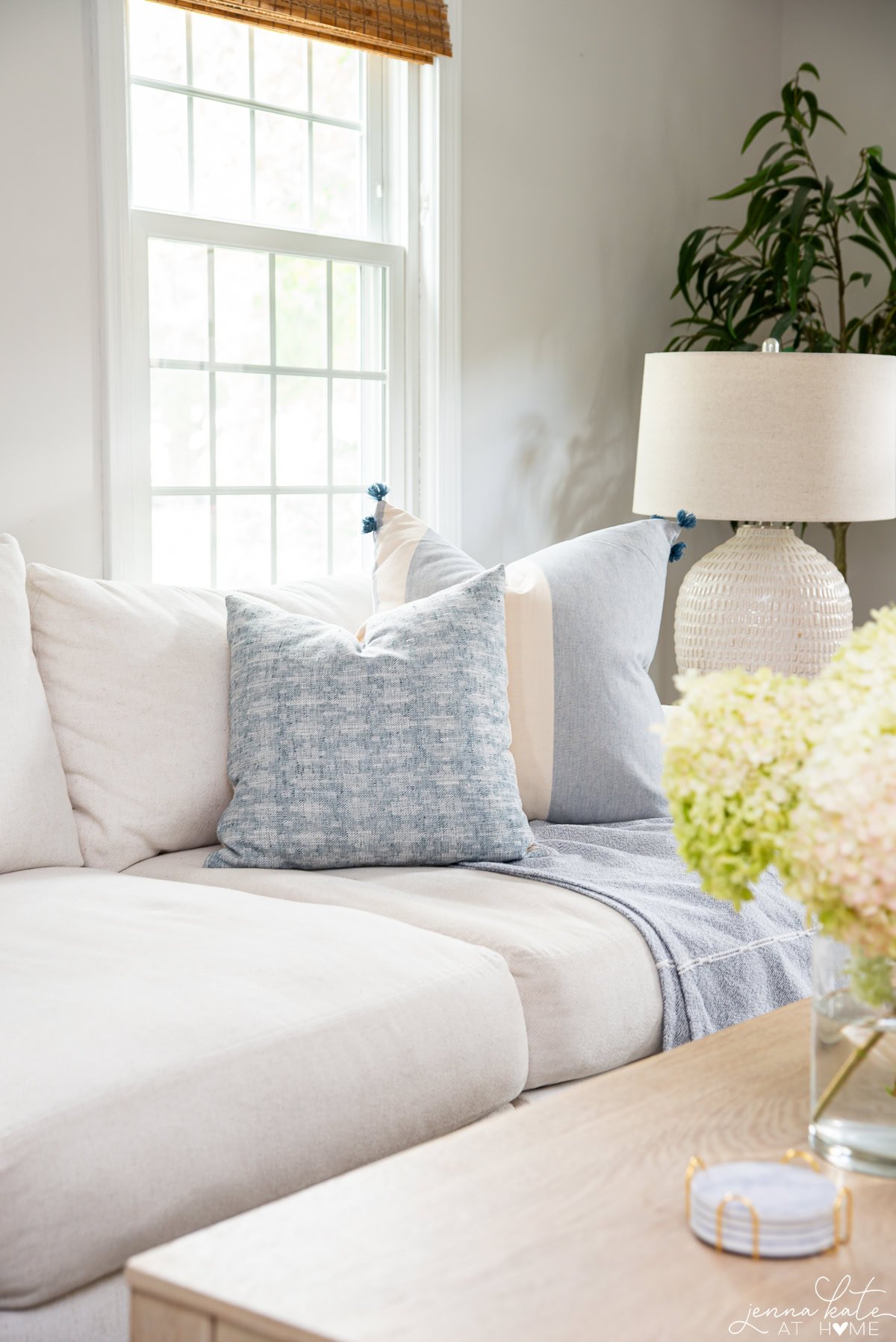 Blue and white throw pillows on the couch.