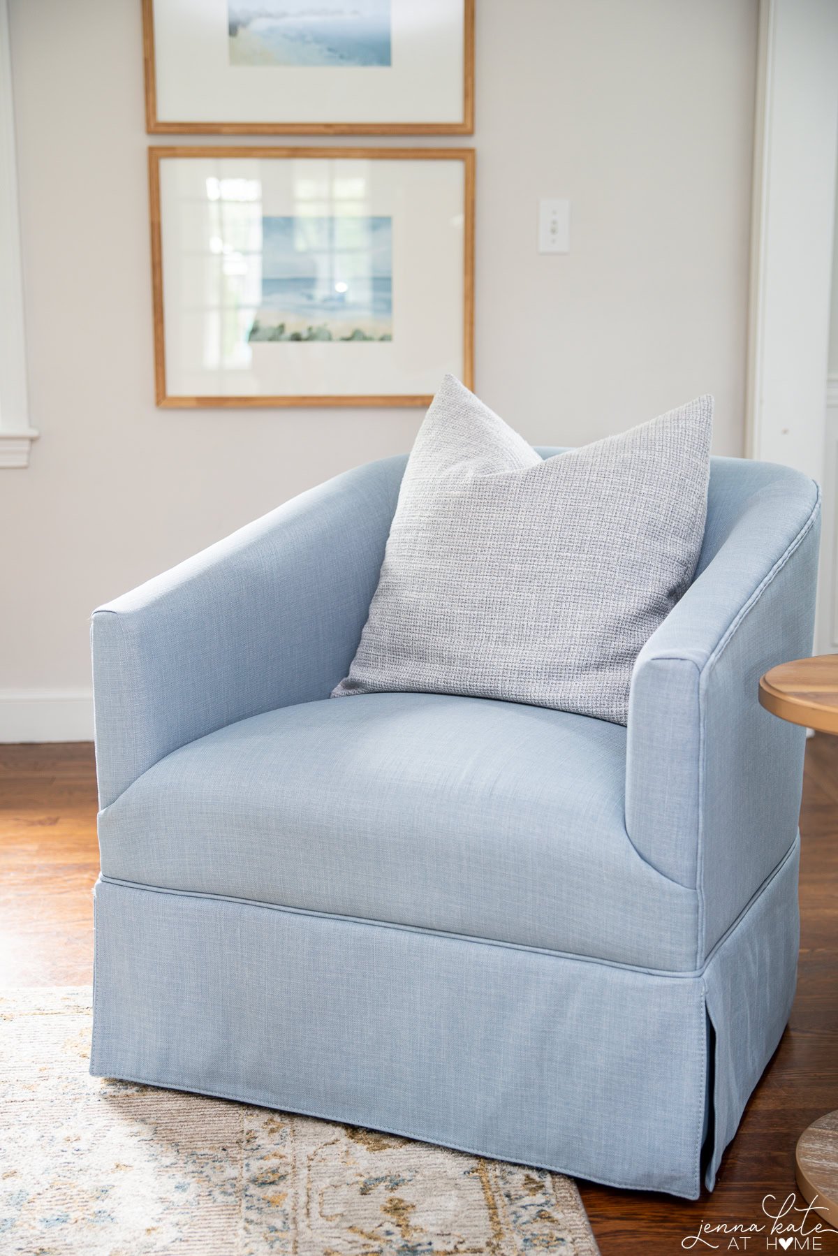 serena and lily inspired blue swivel chair