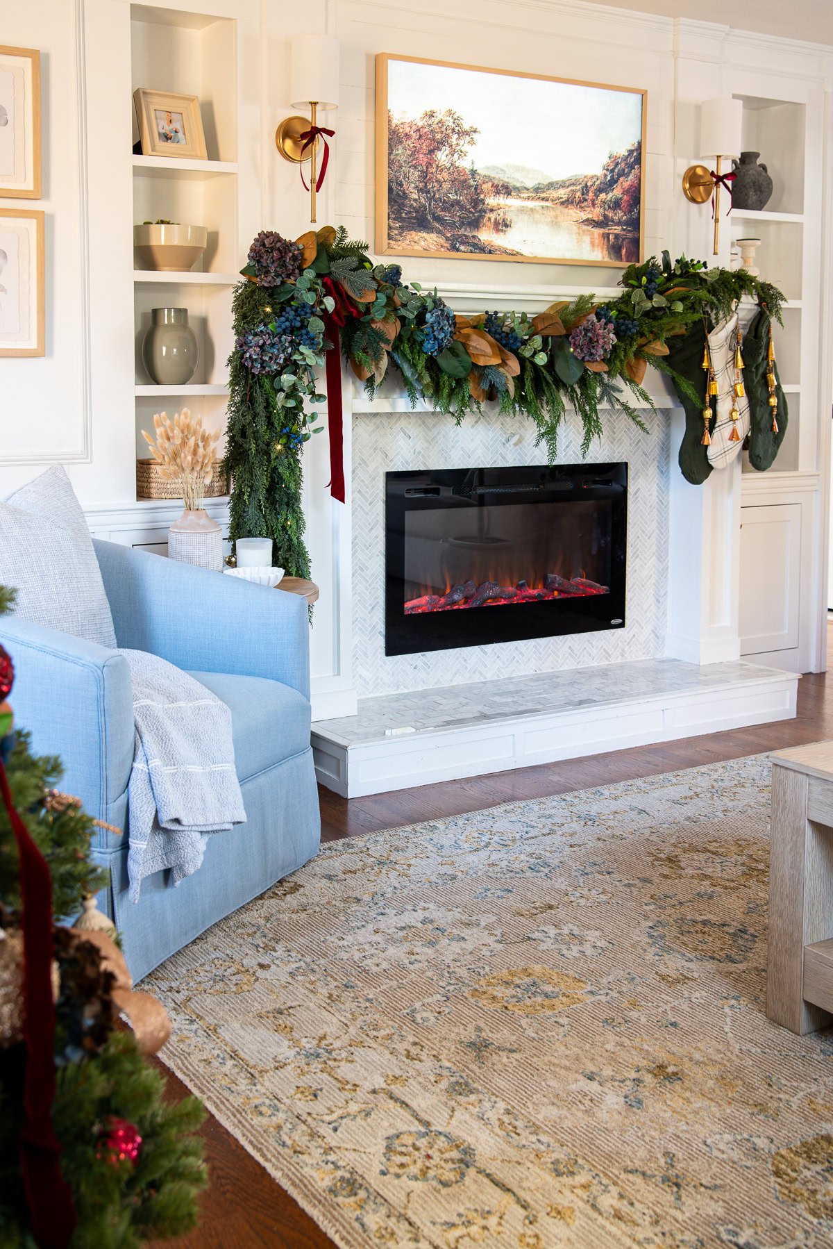 Mixed garland draped across the mantel.
