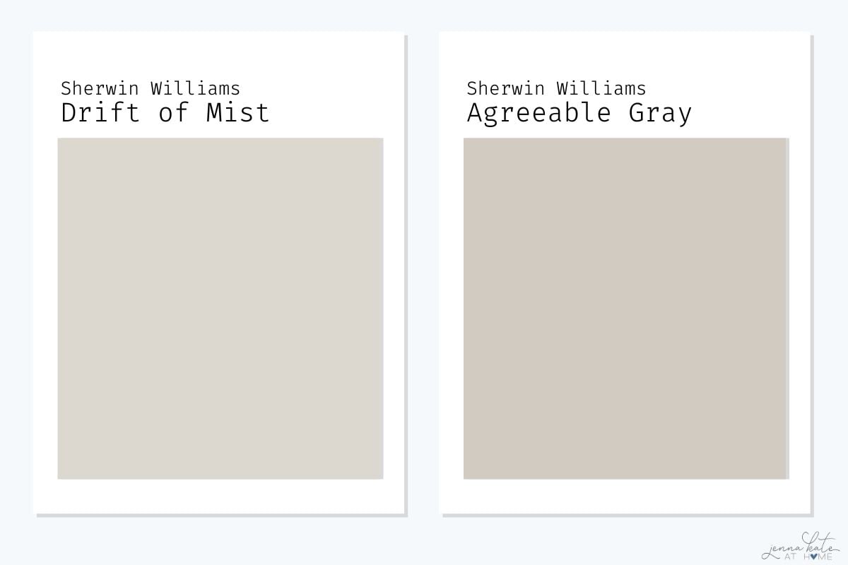 side by side swatch comparison of SW Drift of Mist and SW Agreeable Gray.