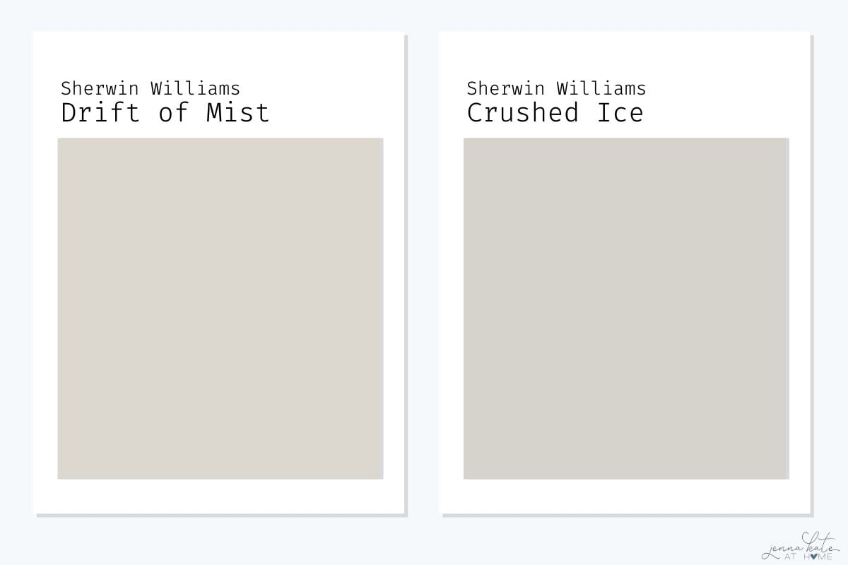 side by side swatch comparison of SW Drift of Mist and SW Crushed Ice.