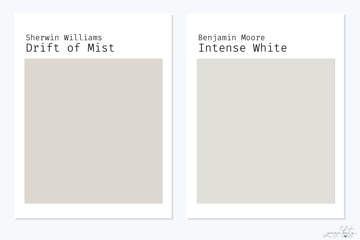 side by side swatch comparison of SW Drift of Mist and BM Intense White.