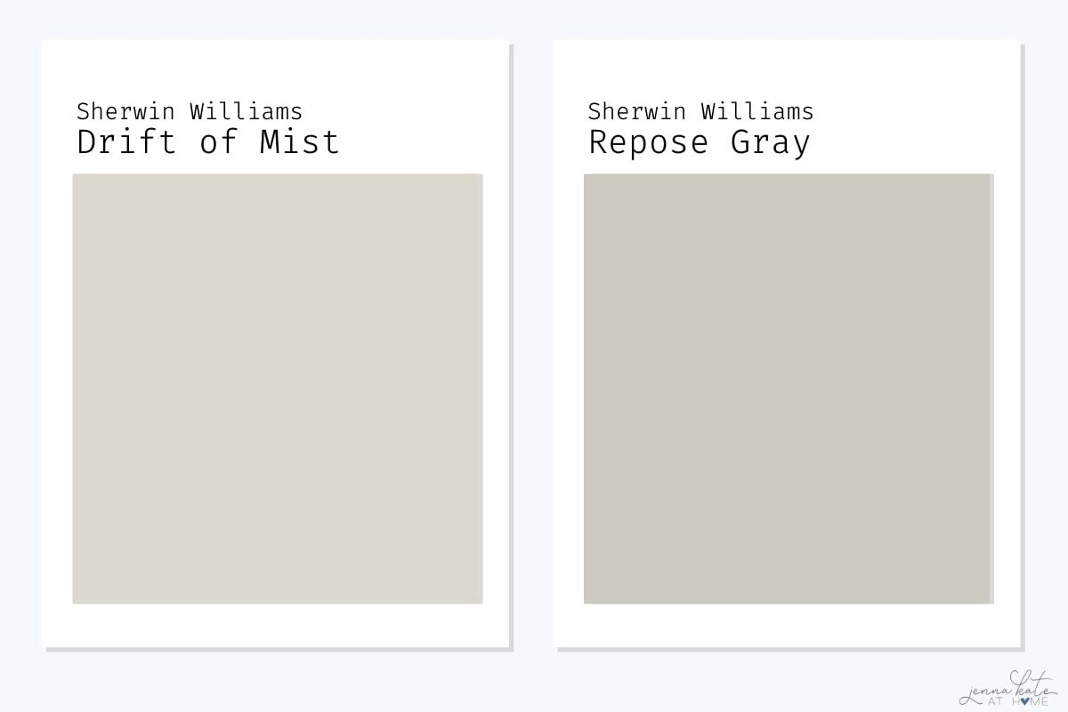 side by side swatch comparison of drift of mist and repose gray.
