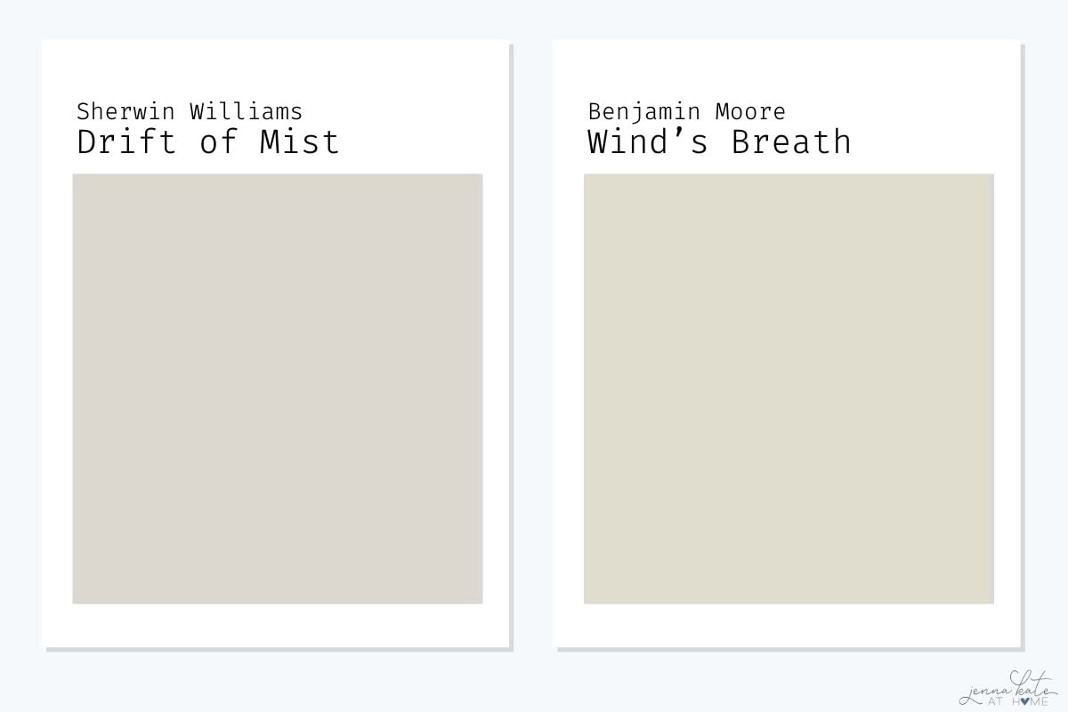 side by side swatch comparison of SW Drift of Mist and  BM Wind's Breath.